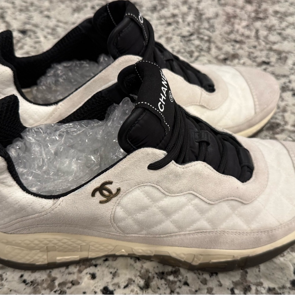 Chanel Quilted Suede & Fabric Sneakers - White & Black